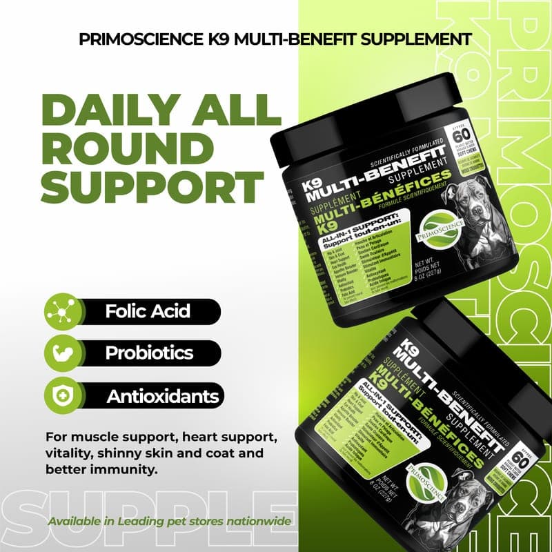 Two jars of PrimoScience K9 Multi-Benefit Supplement showing daily wellness ingredients