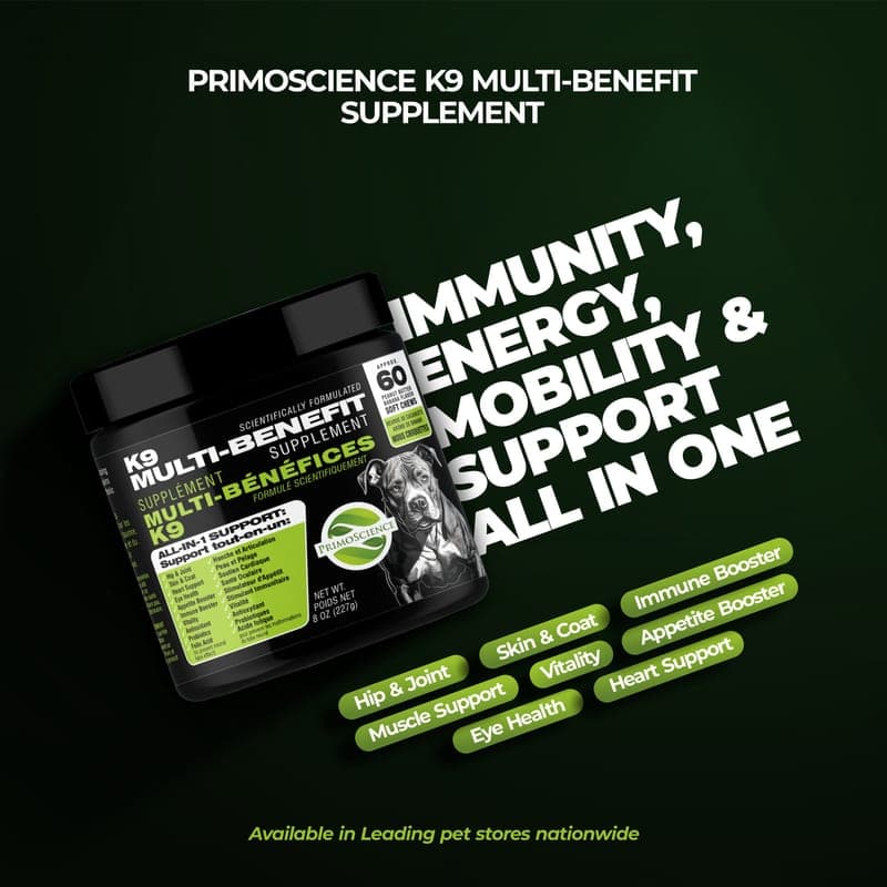 PrimoScience K9 Multi-Benefit Supplement jar highlighting immunity, energy and mobility support