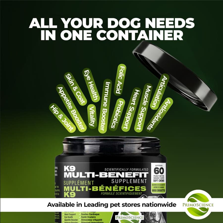 PrimoScience K9 Multi-Benefit Supplement jar with its full list of supported wellness areas