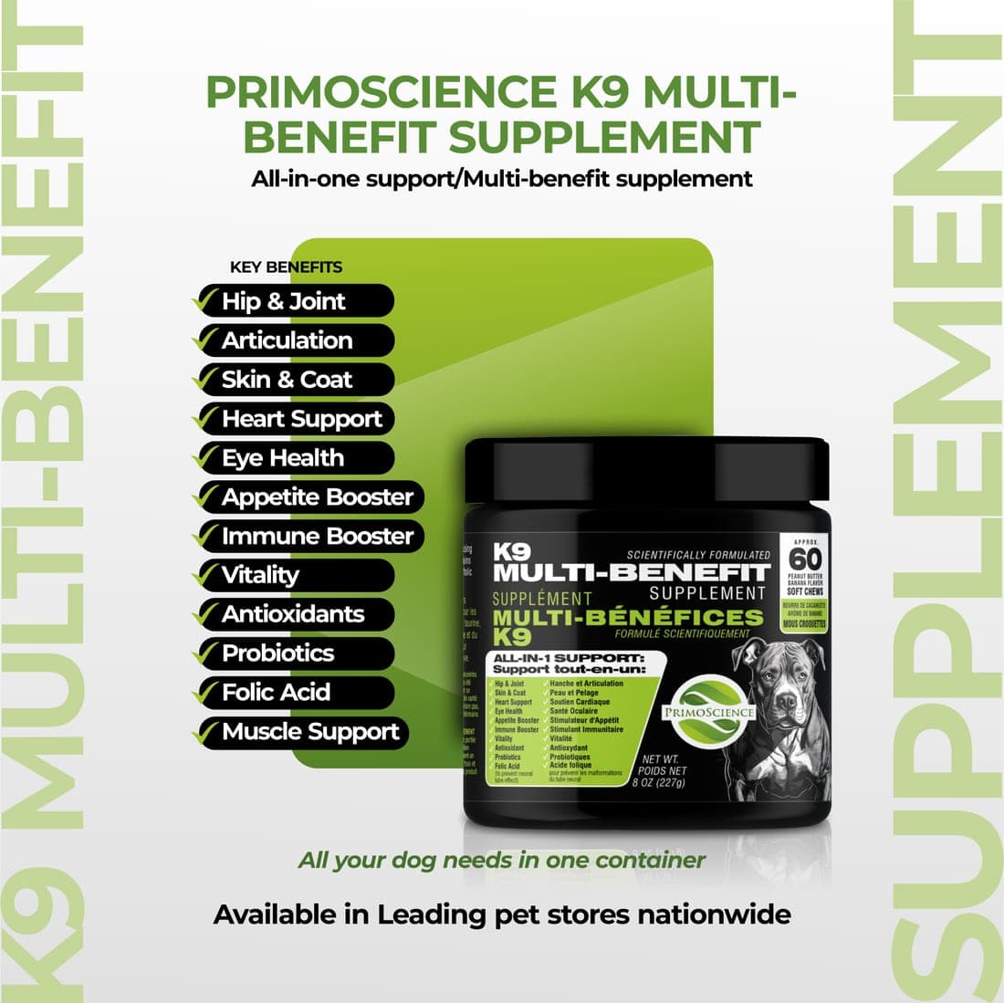 PrimoScience K9 Multi-Benefit Supplement jar with its full list of supported wellness areas